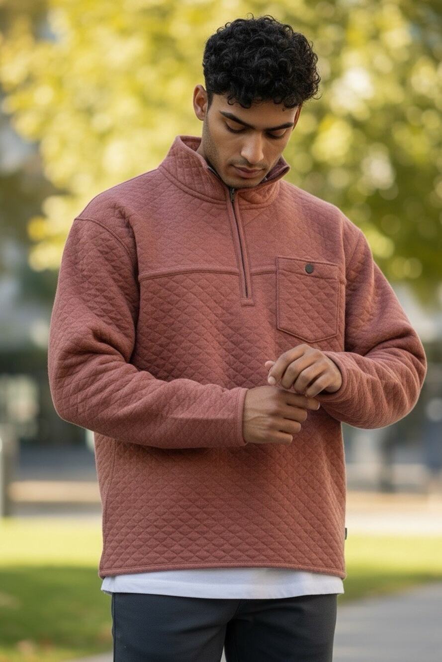 Eddie Bauer Men's Sweatshirt Orange 1/4 Zip Size XL Quilted Pullover Comfortable